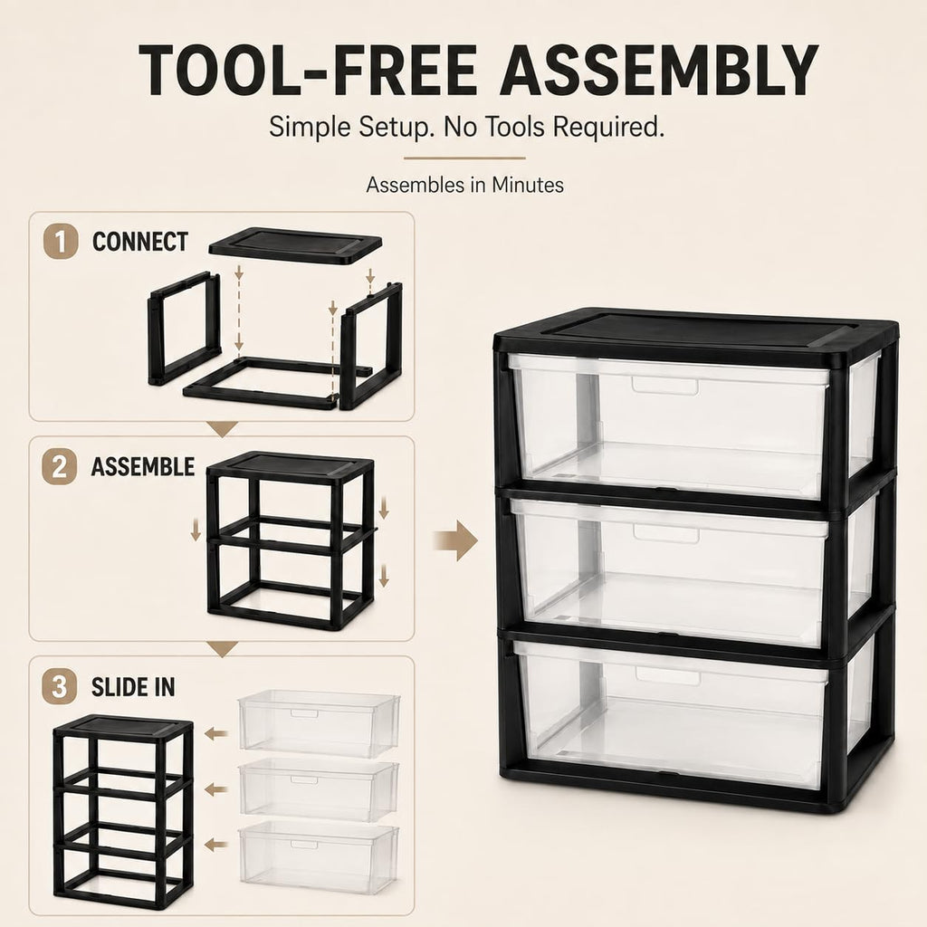 Plastic 3 Drawer Storage Tower with Clear Removable Bins B77312