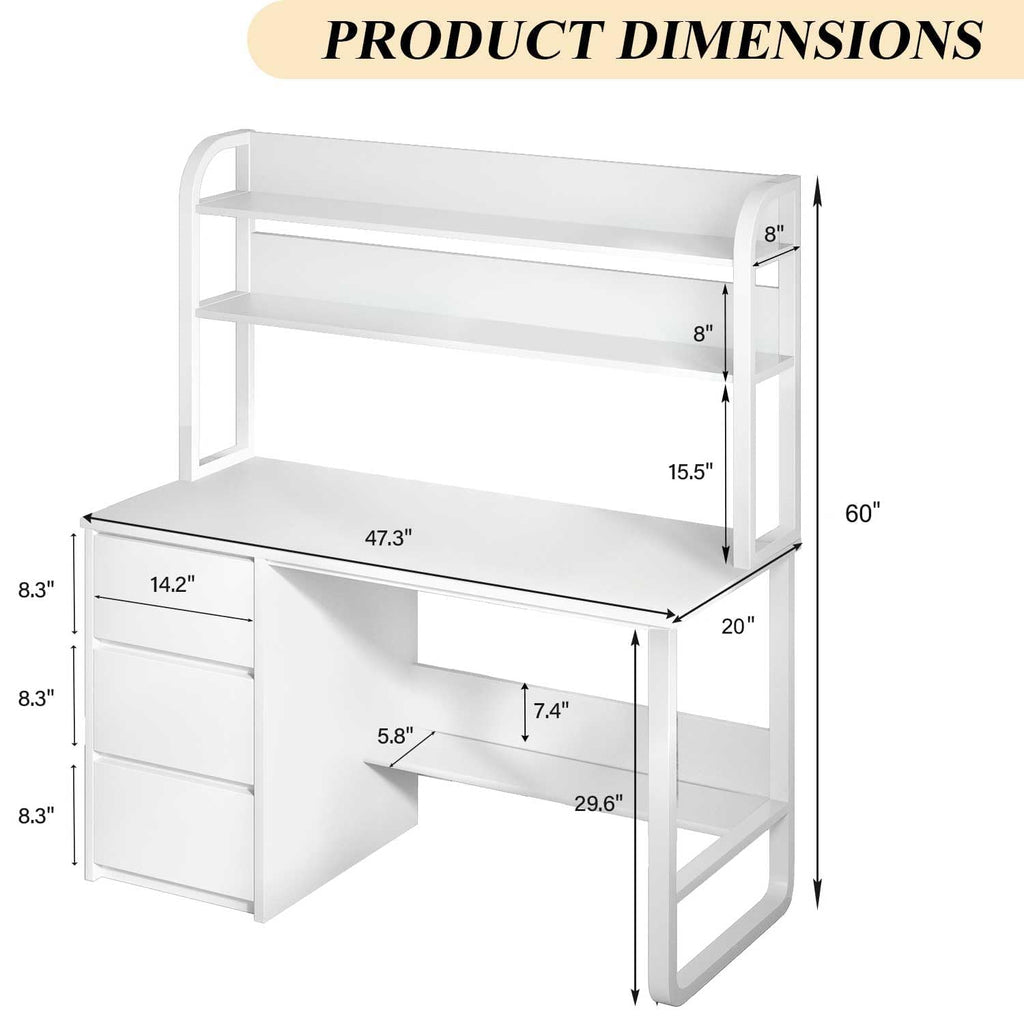 White Desk with Hutch, 47 Inch Computer Desk with 3 Drawers A83997