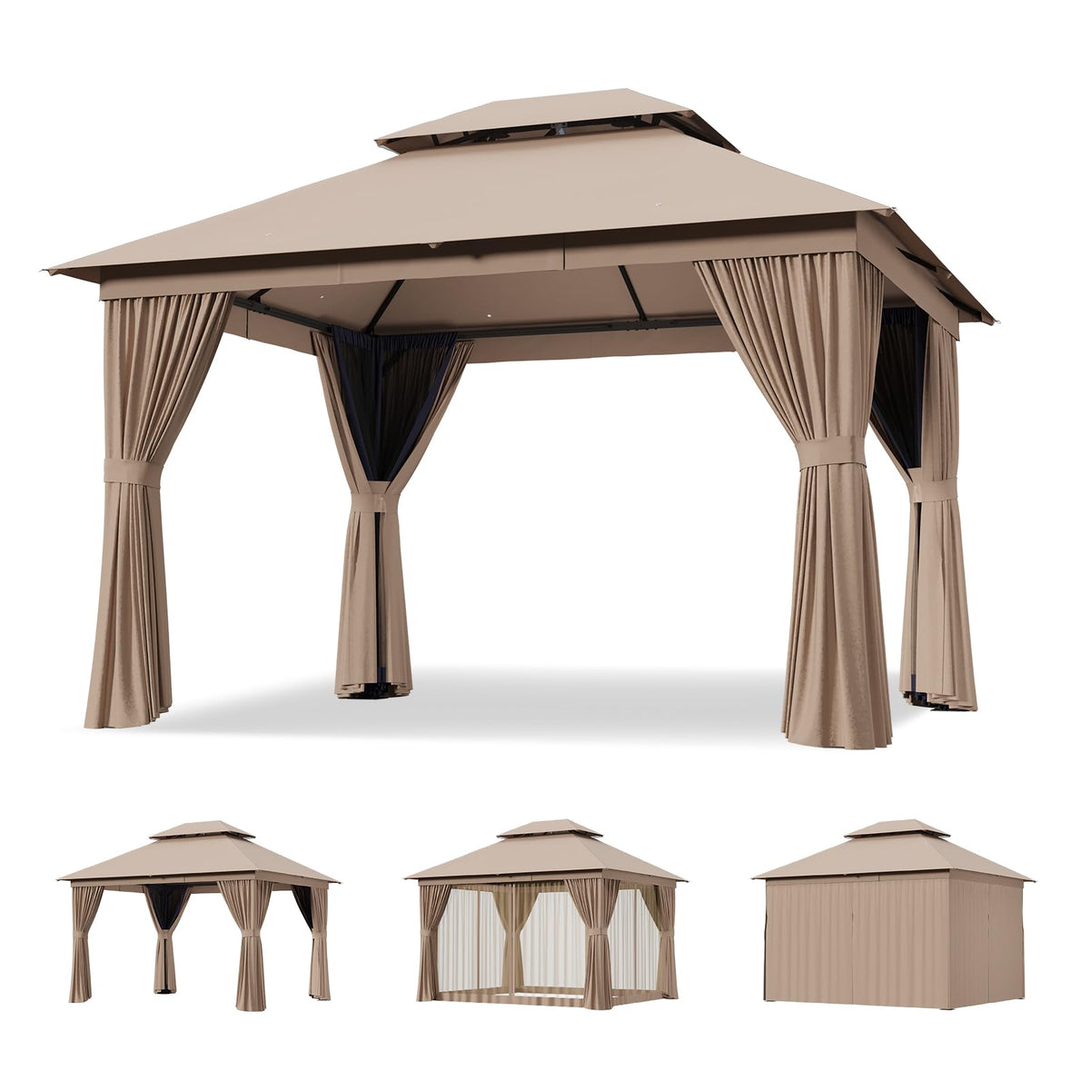 12'x10' Outdoor Gazebo with Curtain & Mosquito Netting, Beige O53584