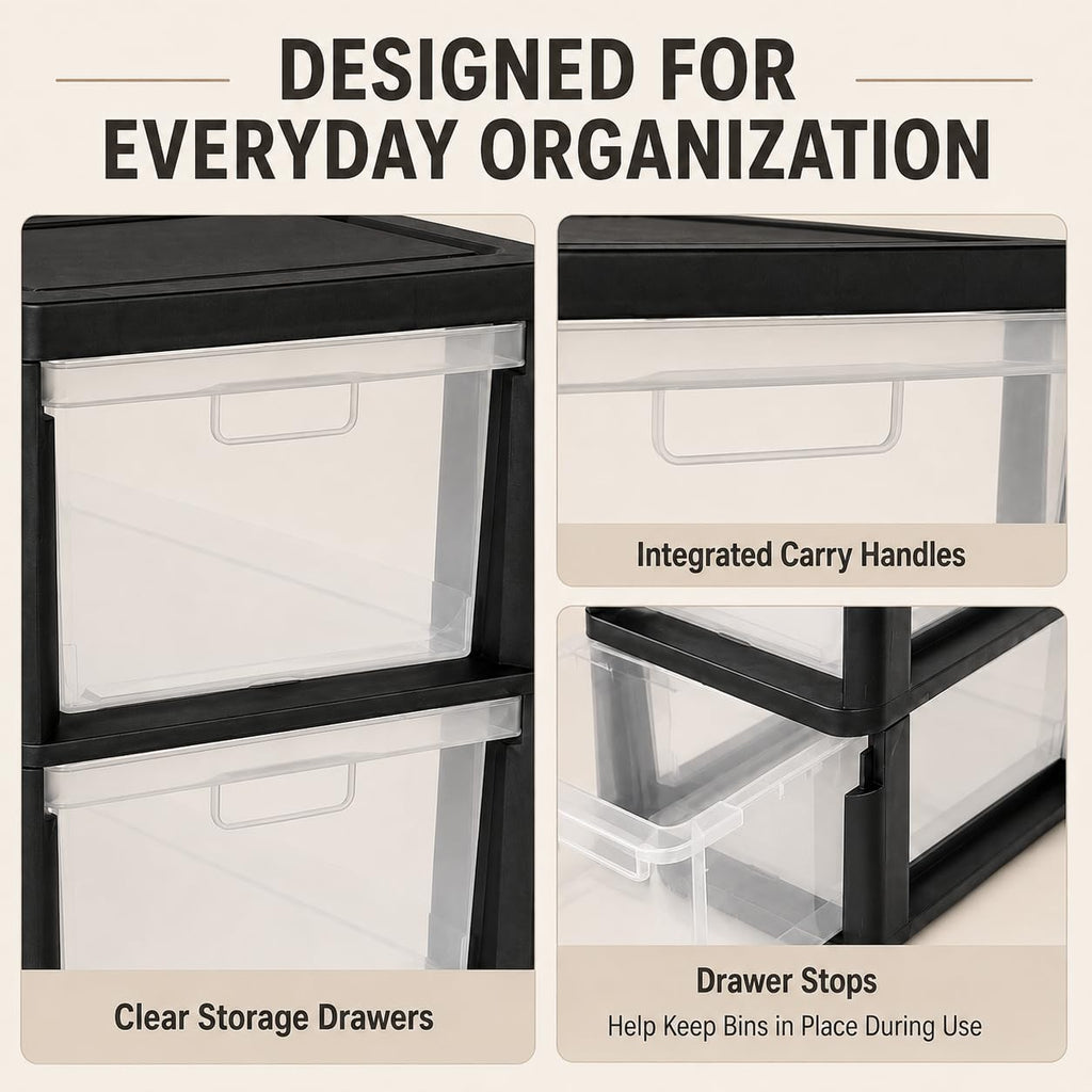Plastic 3 Drawer Storage Tower with Clear Removable Bins B77312