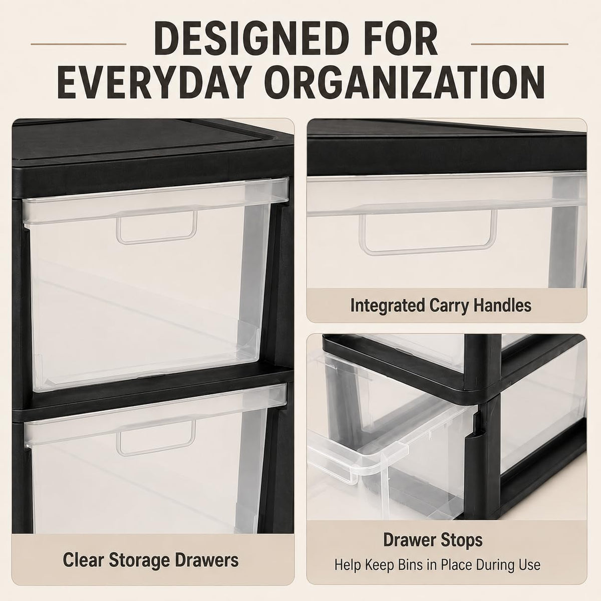 Plastic 3 Drawer Storage Tower with Clear Removable Bins B77312