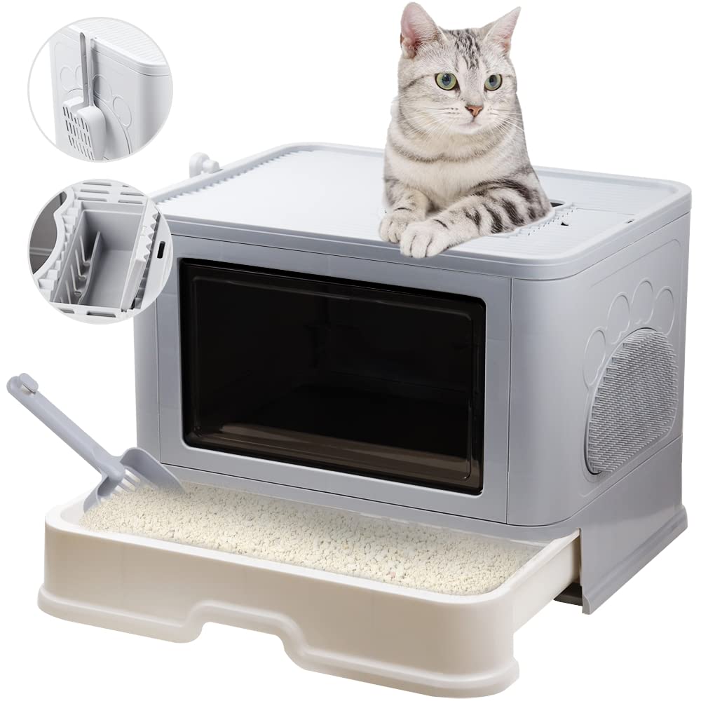 Foldable Top Entry Cat Litter Box with Lid and Scoop, Grey E737
