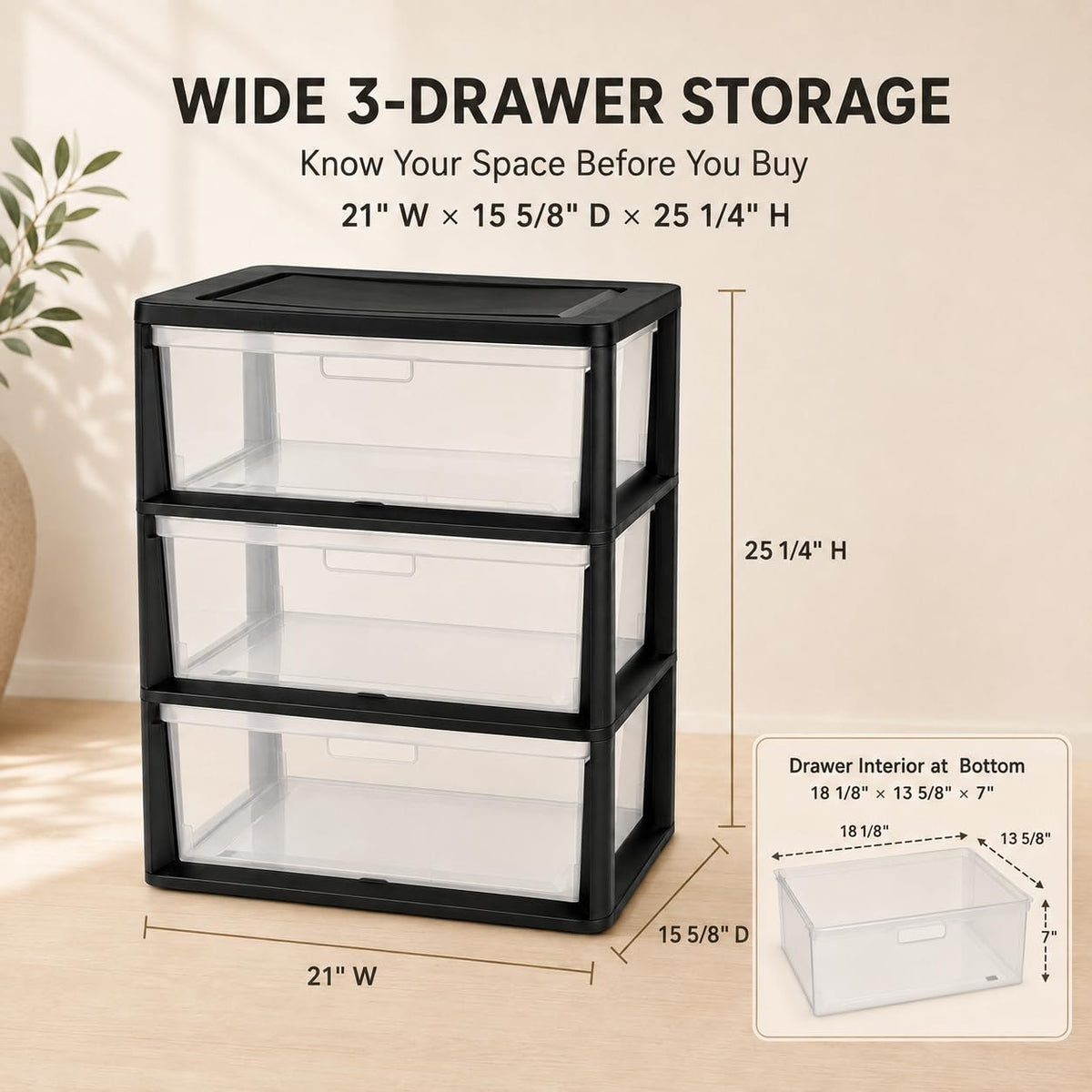 Plastic 3 Drawer Storage Tower with Clear Removable Bins B77312