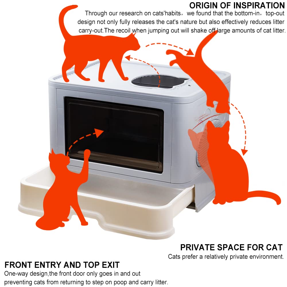 Foldable Top Entry Cat Litter Box with Lid and Scoop, Grey E737