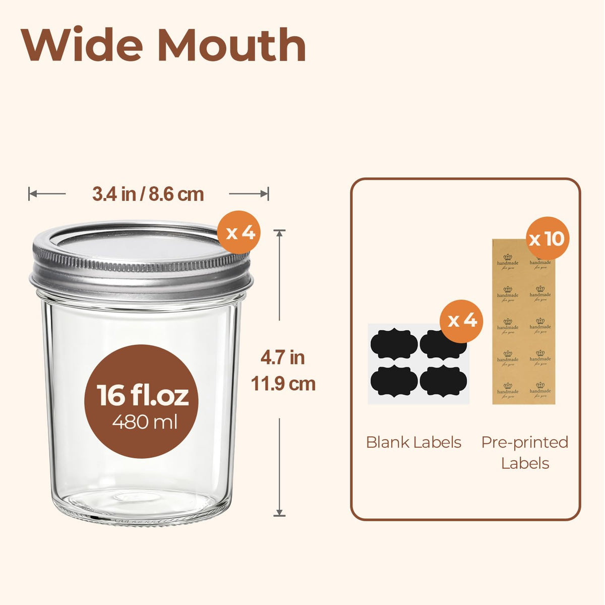 16 oz Wide Mouth Mason Jars 4 Pack E695