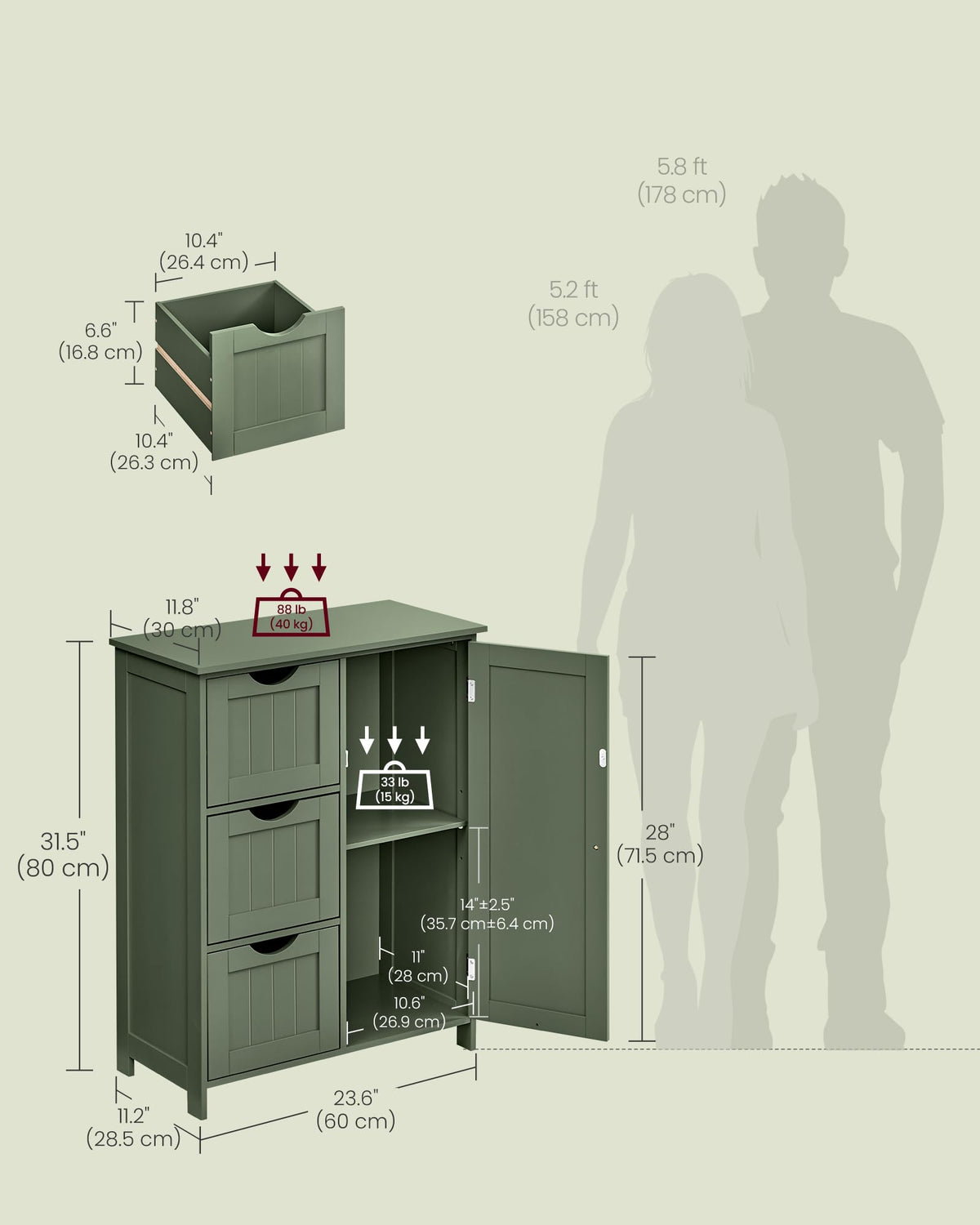 Forest Green 3 Drawer Bathroom Floor Storage Cabinet H989