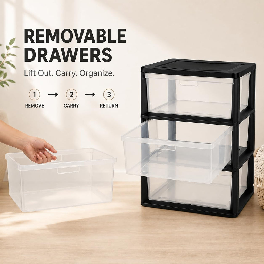 Plastic 3 Drawer Storage Tower with Clear Removable Bins B77312