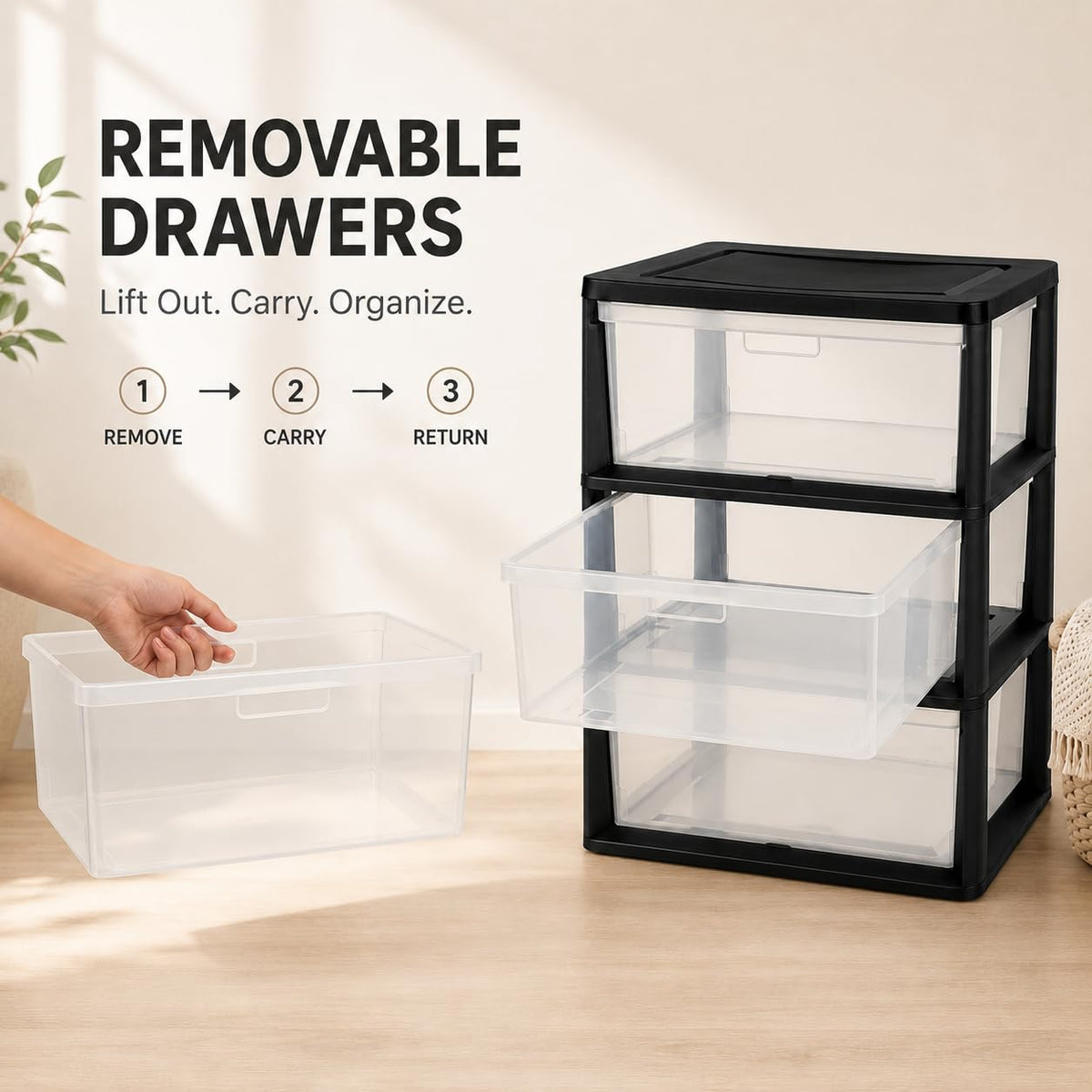 Plastic 3 Drawer Storage Tower with Clear Removable Bins B77312