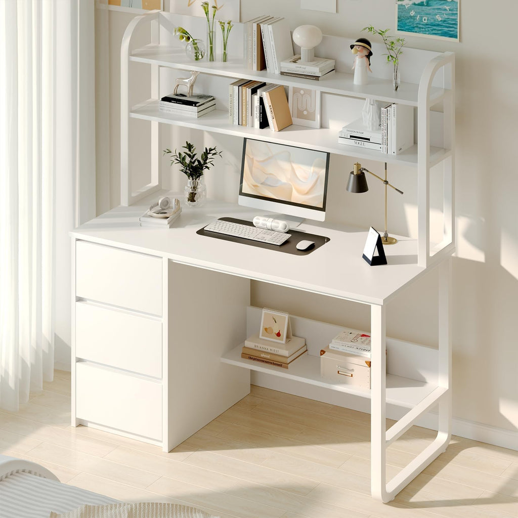 White Desk with Hutch, 47 Inch Computer Desk with 3 Drawers A83997