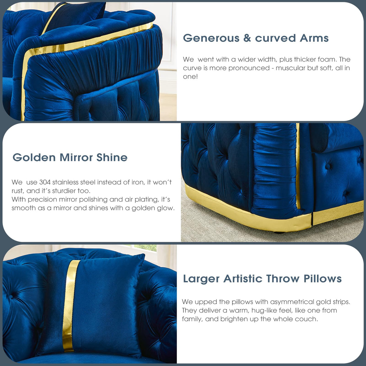 Navy Blue and Gold Velvet Sofa and Loveseat Set with 4 Pillows N27722