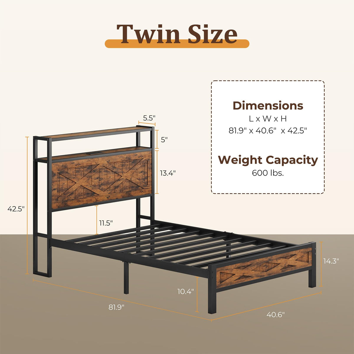 Twin Metal Bed Frame with Storage Headboard C457
