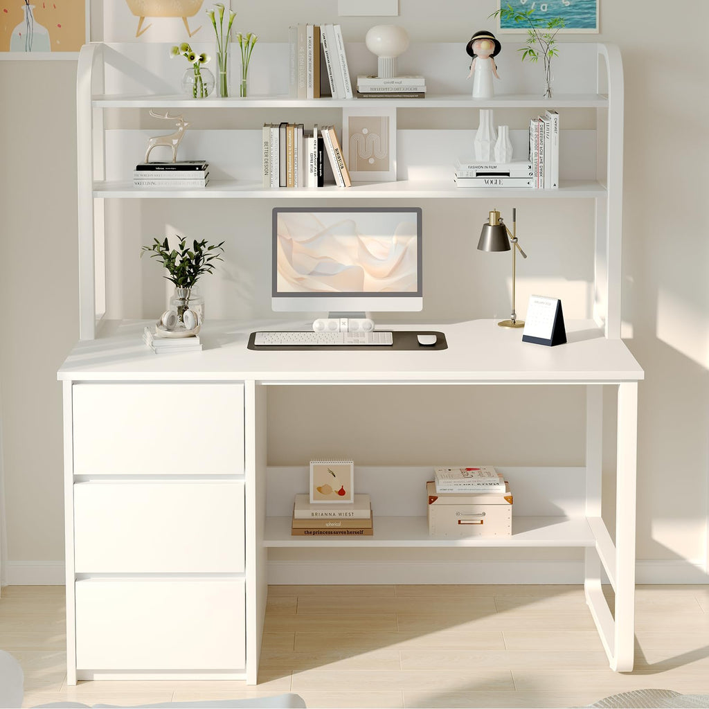 White Desk with Hutch, 47 Inch Computer Desk with 3 Drawers A83997