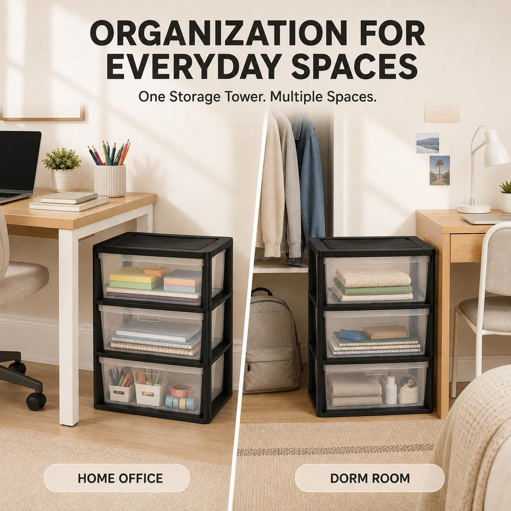 Plastic 3 Drawer Storage Tower with Clear Removable Bins B77312