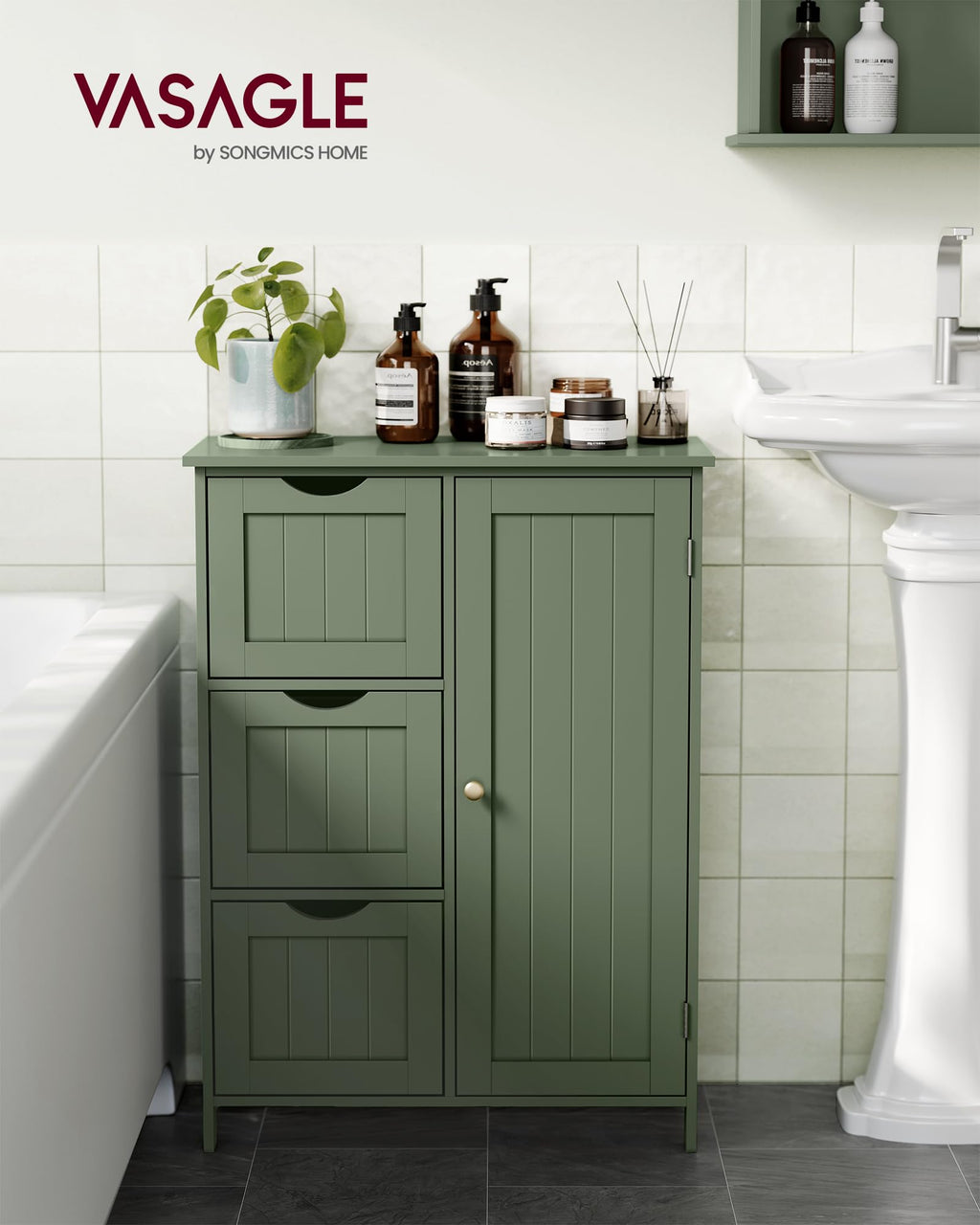 Forest Green 3 Drawer Bathroom Floor Storage Cabinet H989