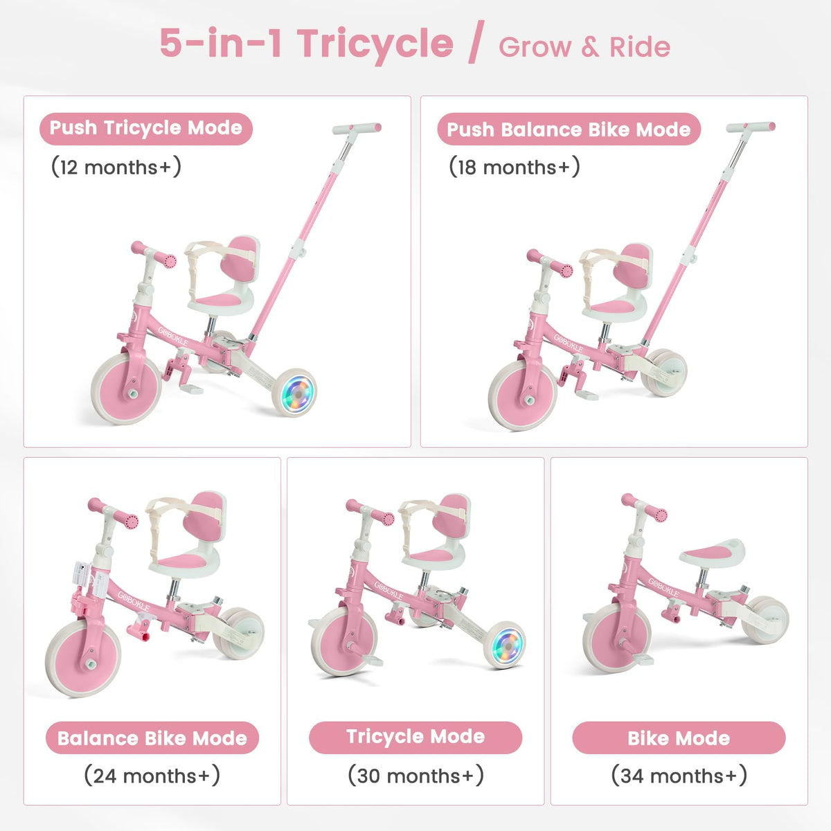 5-in-1 Convertible Toddler Tricycle with Push Handle S797