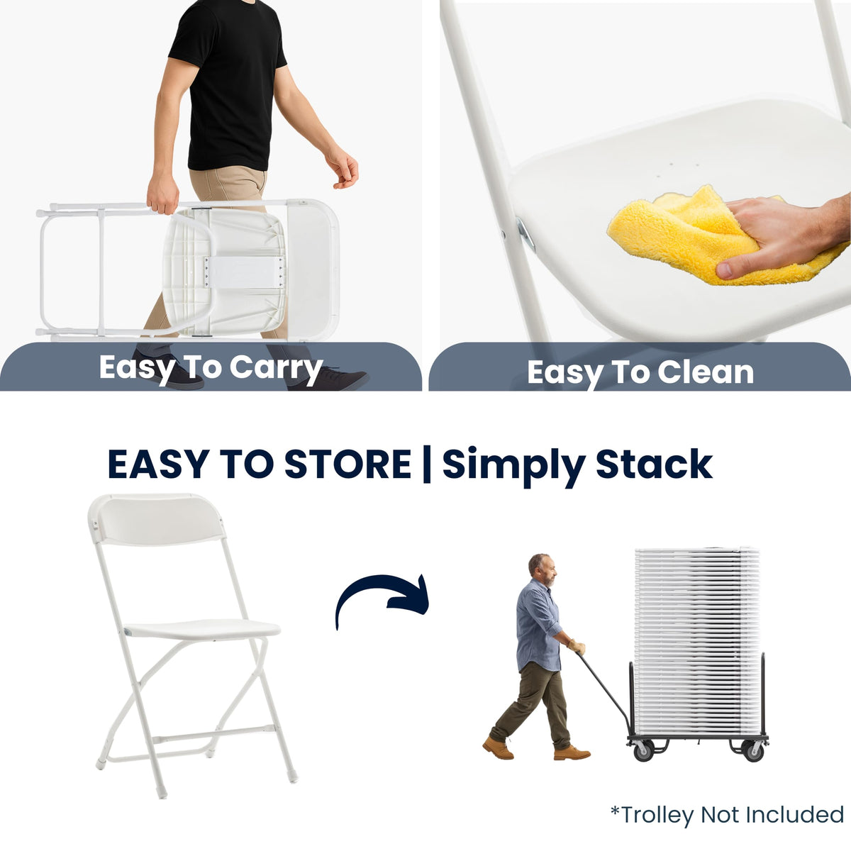 White Plastic Folding Chairs Set of 10 Steel Frame O2730