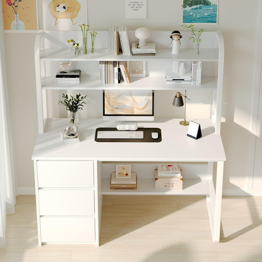 White Desk with Hutch, 47 Inch Computer Desk with 3 Drawers A83997