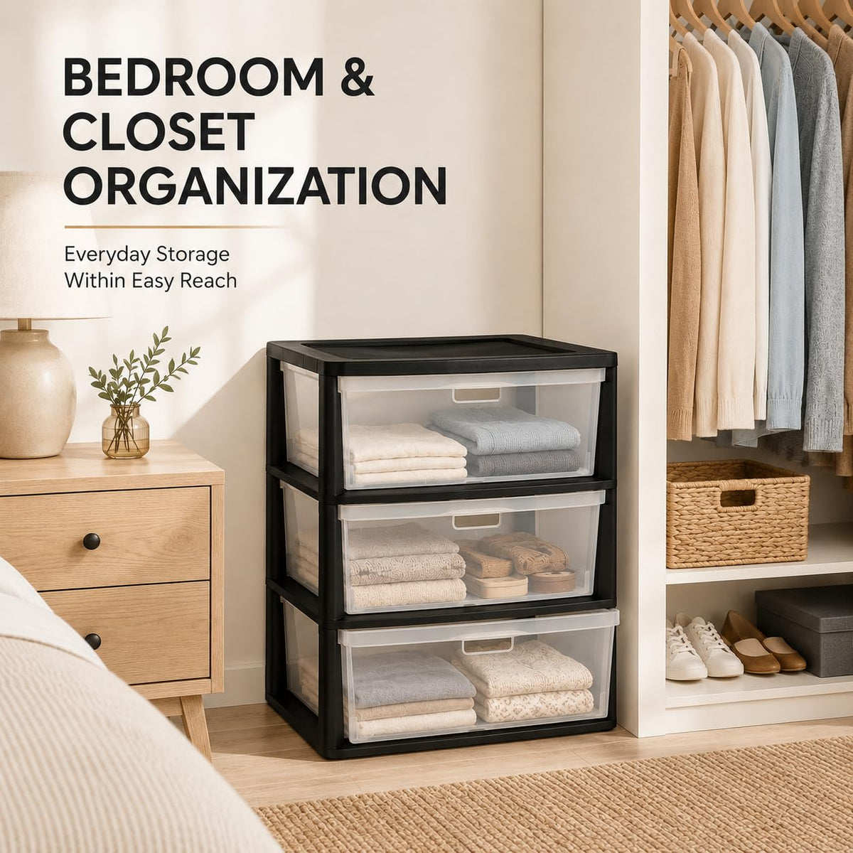 Plastic 3 Drawer Storage Tower with Clear Removable Bins B77312