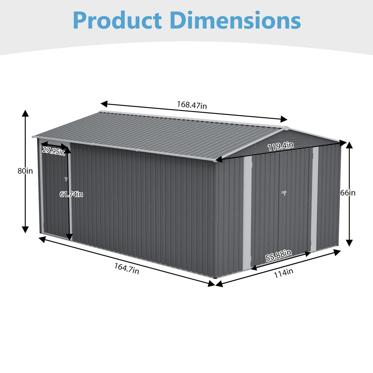 10x14 FT Waterproof Metal Storage Shed with 3 Lockable Doors T5259