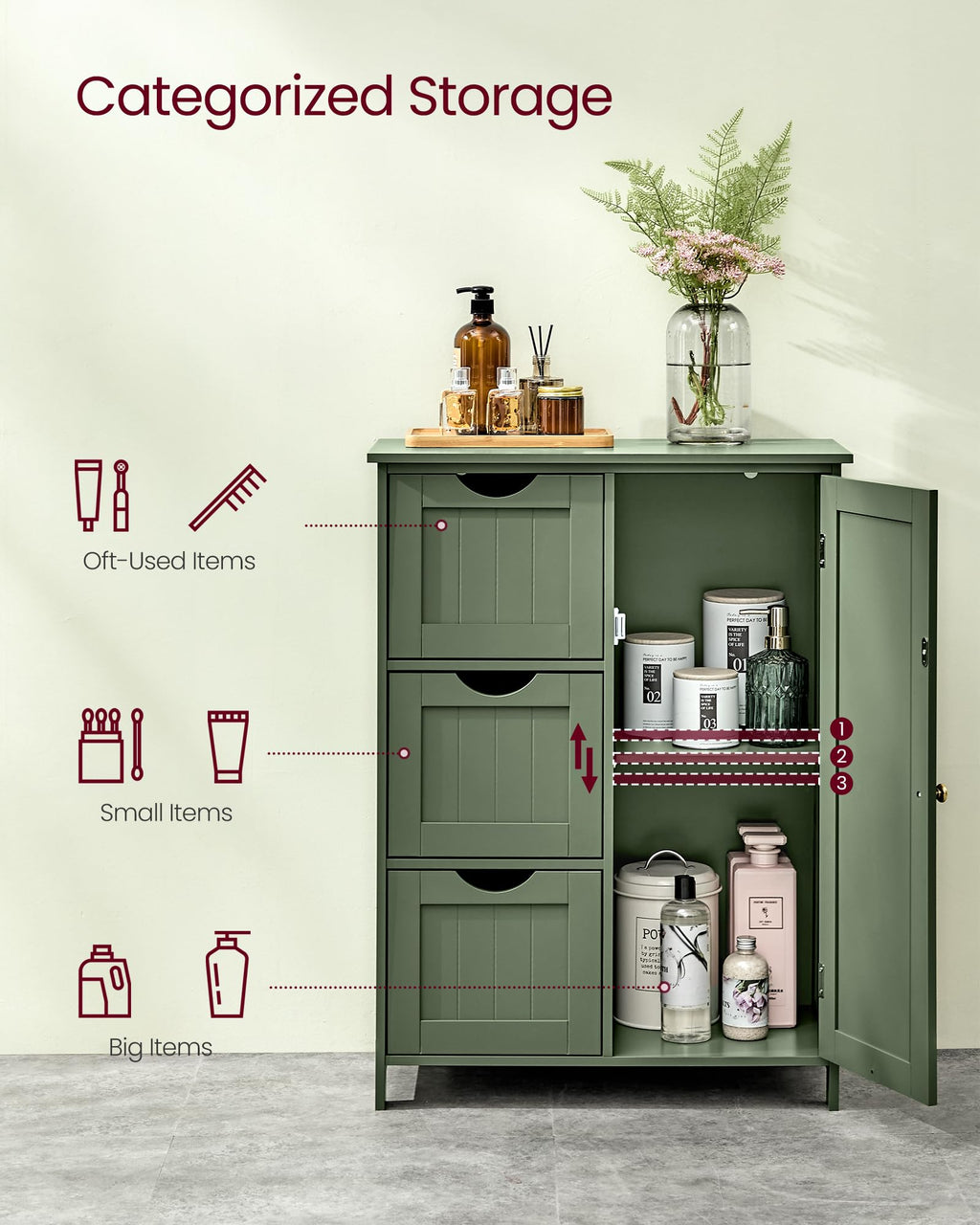 Forest Green 3 Drawer Bathroom Floor Storage Cabinet H989
