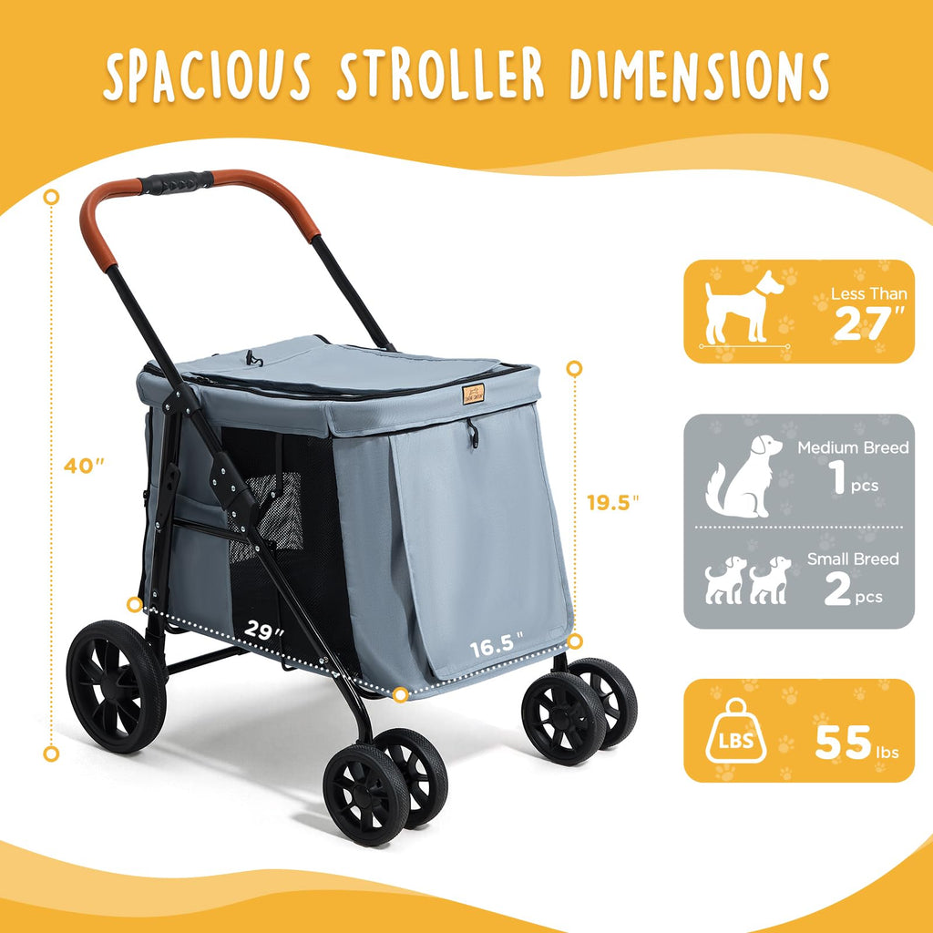 Heavy Duty Foldable Pet Stroller with All-Terrain Wheels, 55 lbs Capacity, Grey R127
