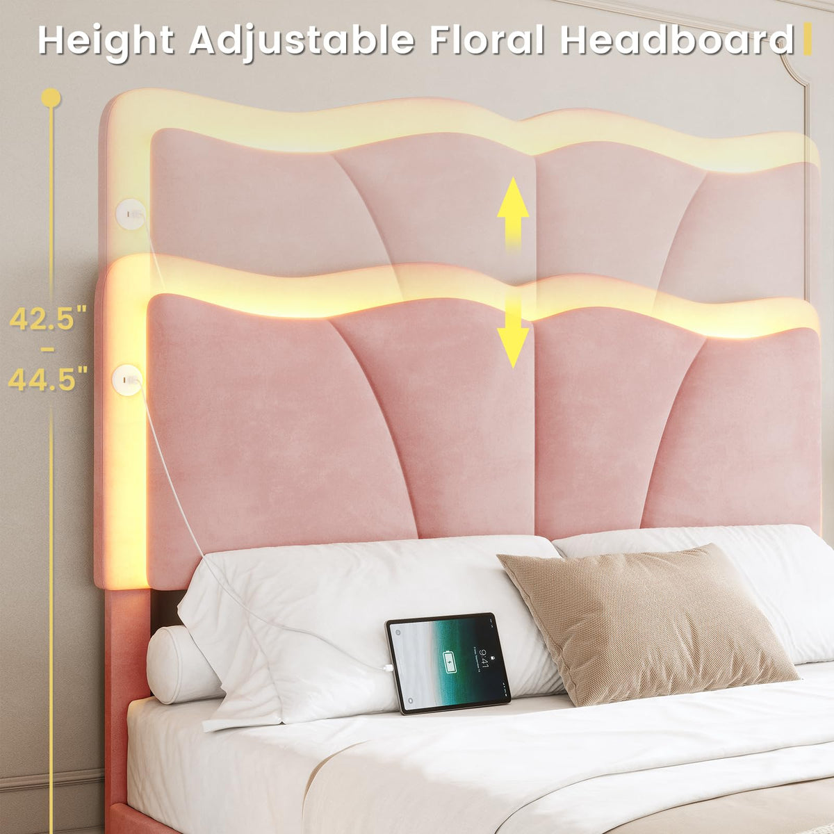 Pink Velvet Upholstered Platform Bed Frame with 4 Storage Drawers I798