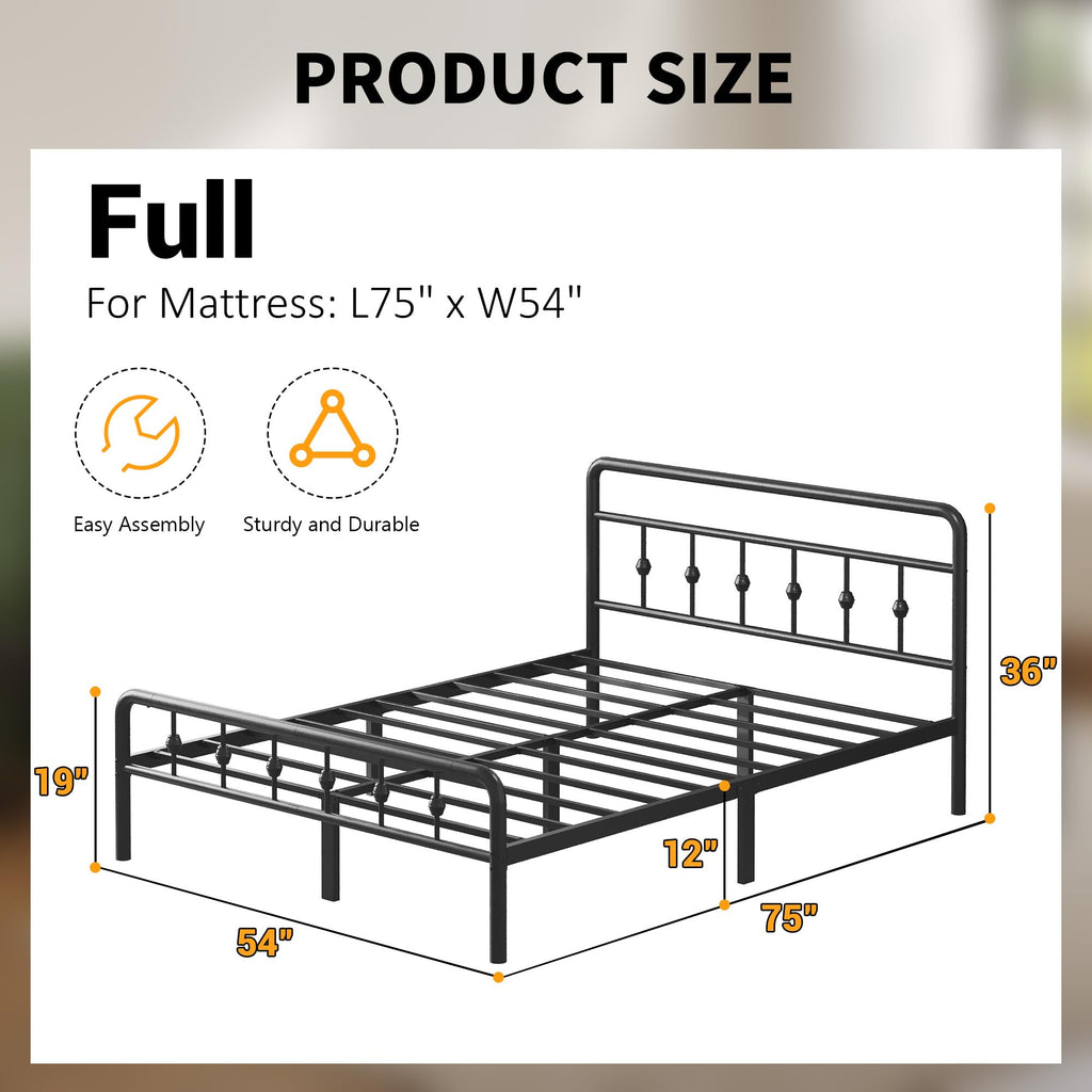 12 Inch Full Bed Frame with Headboard and Footboard P5078