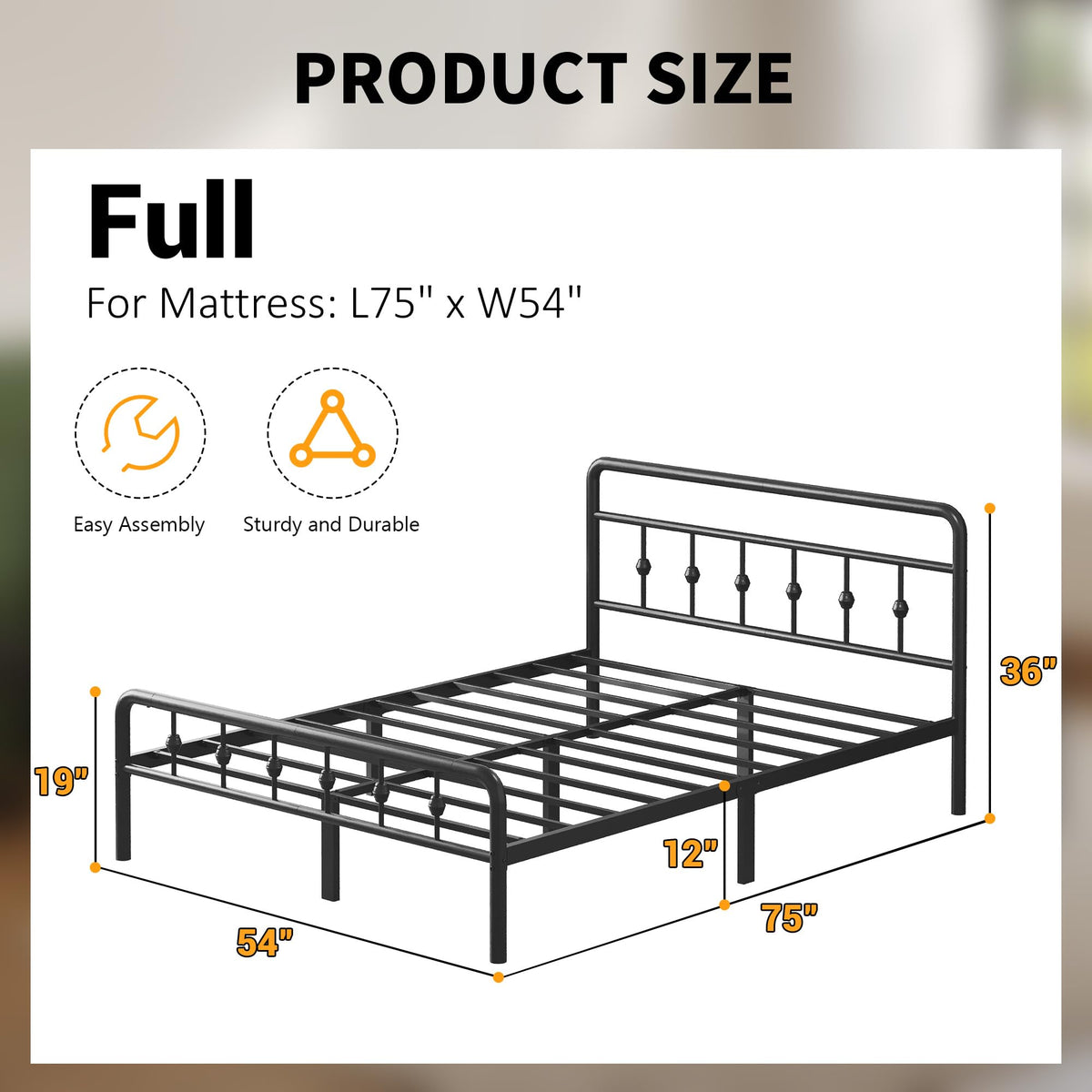 12 Inch Full Bed Frame with Headboard and Footboard P5078