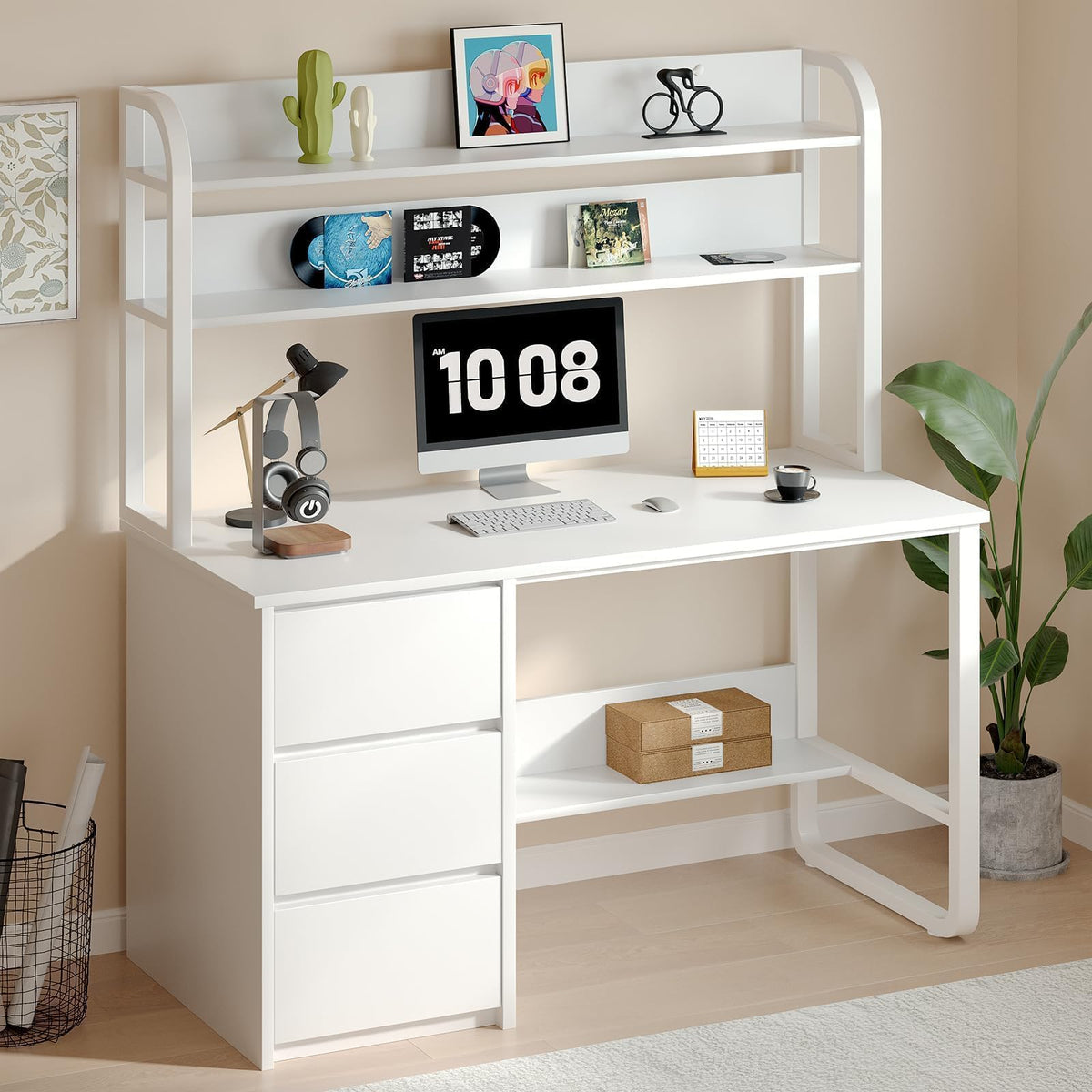 White Desk with Hutch, 47 Inch Computer Desk with 3 Drawers A83997