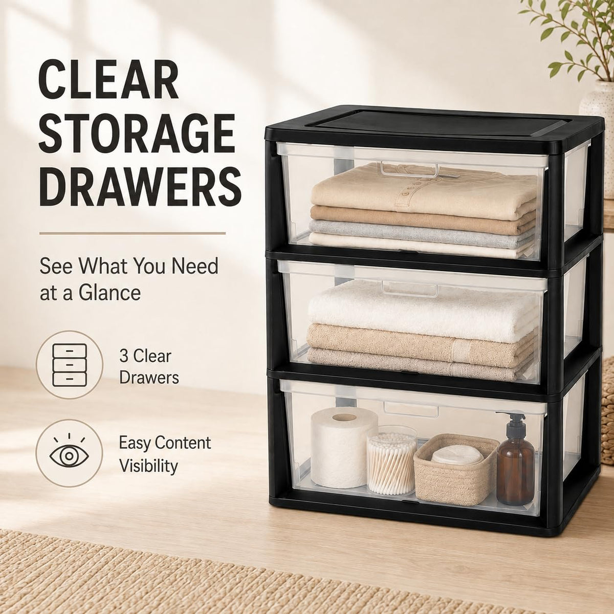 Plastic 3 Drawer Storage Tower with Clear Removable Bins B77312