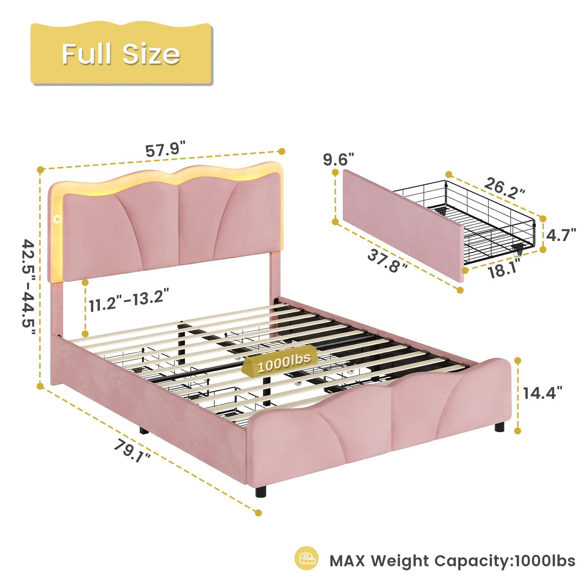 Pink Velvet Upholstered Platform Bed Frame with 4 Storage Drawers I798