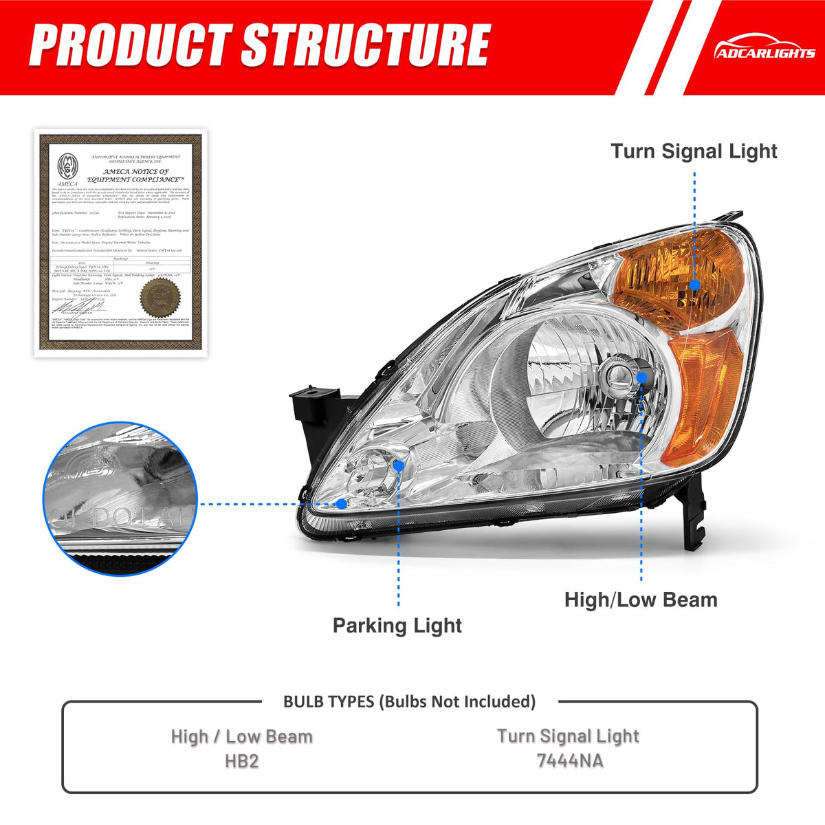 Headlamp Assembly with Chrome Housing Amber Reflector Driver and Passenger Sides H615056