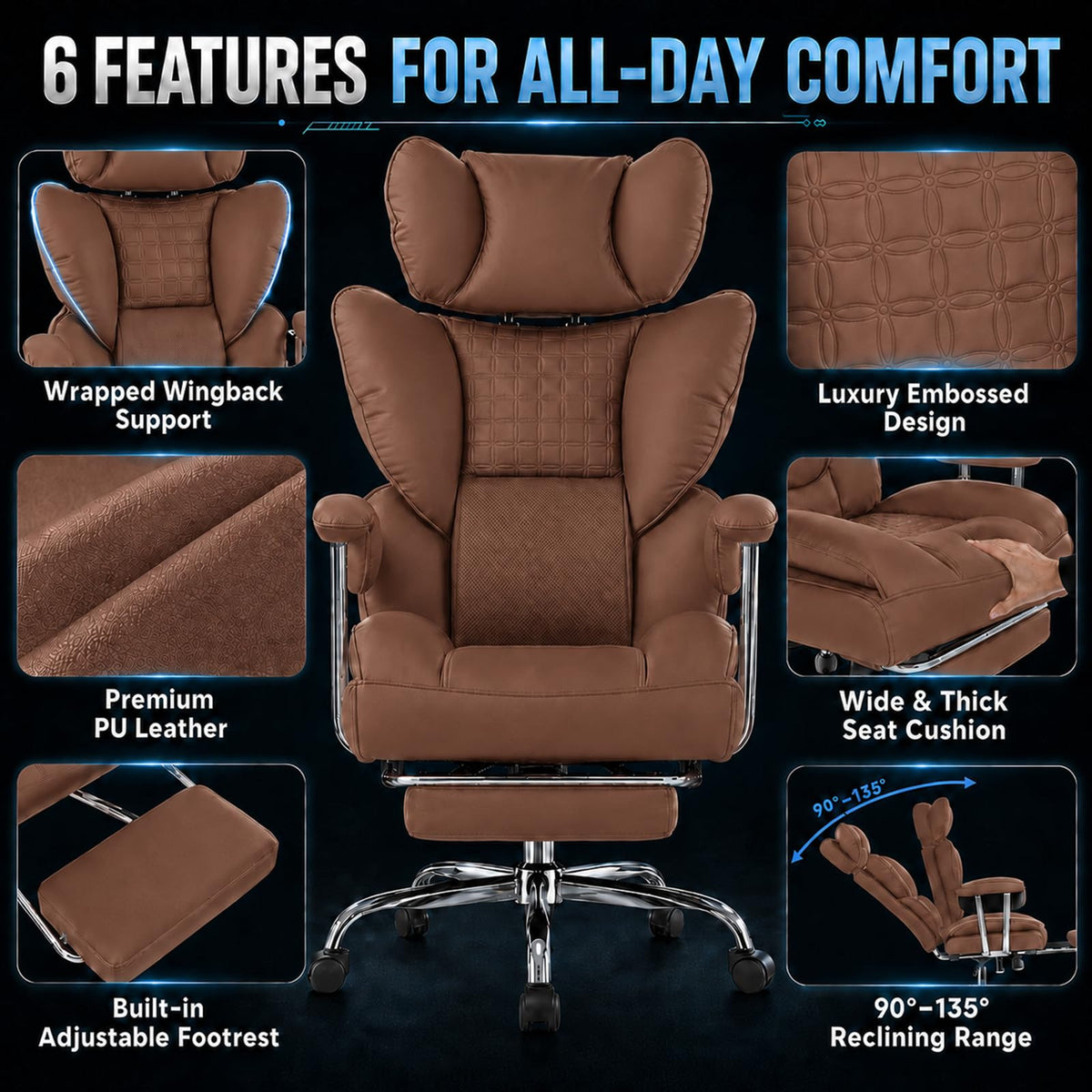 Big and Tall Brown Ergonomic Reclining Office Chair with Footrest E6776