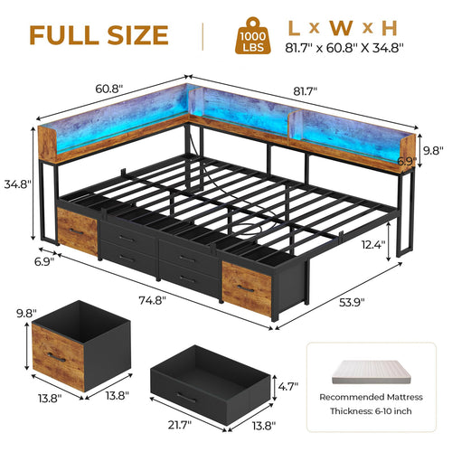 14 Inch Corner Bed Frame with Bookcase Storage, Full Daybed with 6 Drawers, Charging Station and LED Light, Black & Vintage Brown H9994
