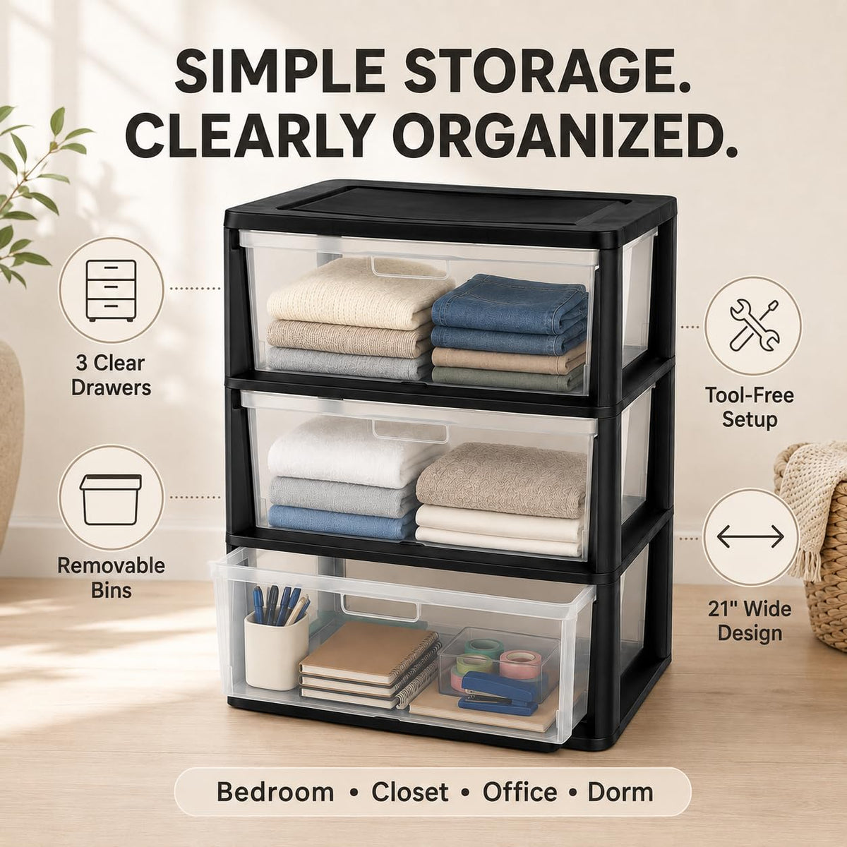 Plastic 3 Drawer Storage Tower with Clear Removable Bins B77312