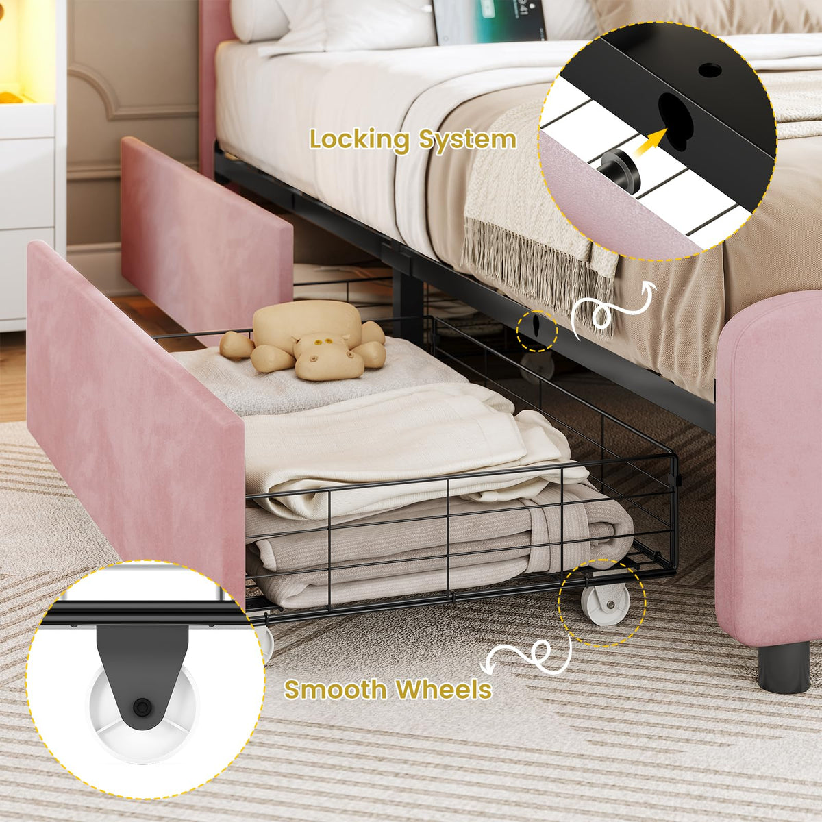 Pink Velvet Upholstered Platform Bed Frame with 4 Storage Drawers I798