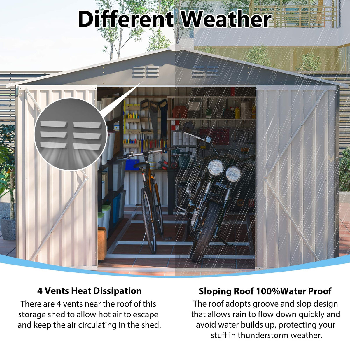 10x14 FT Waterproof Metal Storage Shed with 3 Lockable Doors T5259