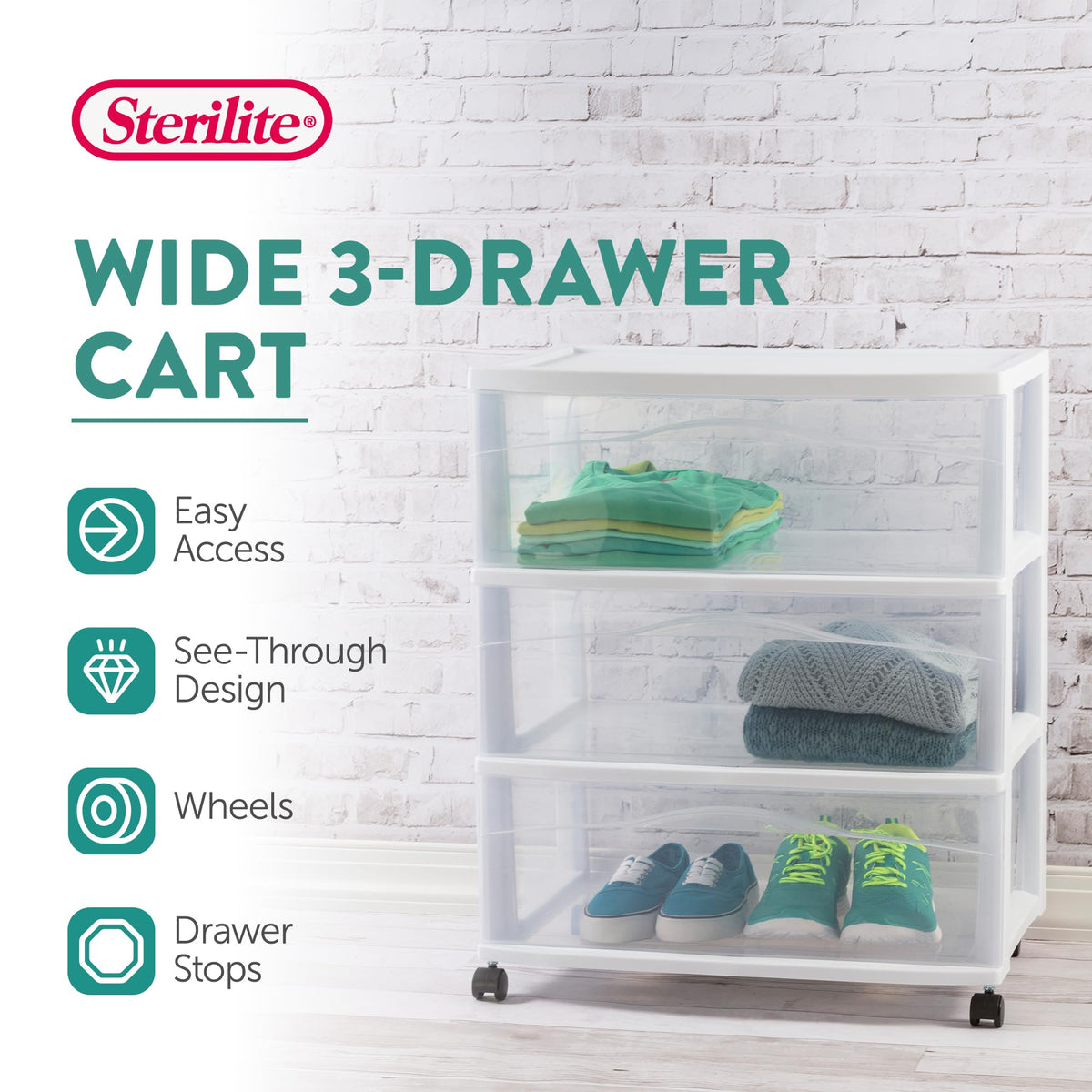 Wide 3 Drawer Plastic Rolling Storage Cart M16955