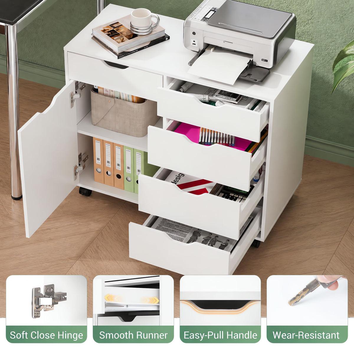 White 5 Drawer Wood Office Cabinet C9211