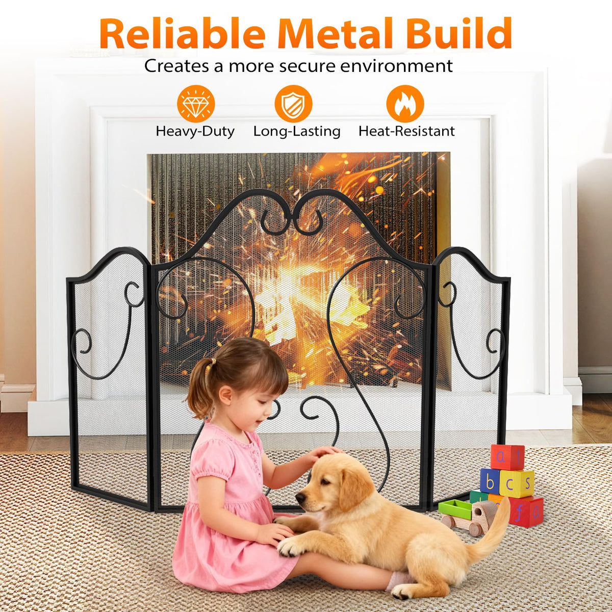 3-Panel Folding Fireplace Screen with Metal Mesh J743663