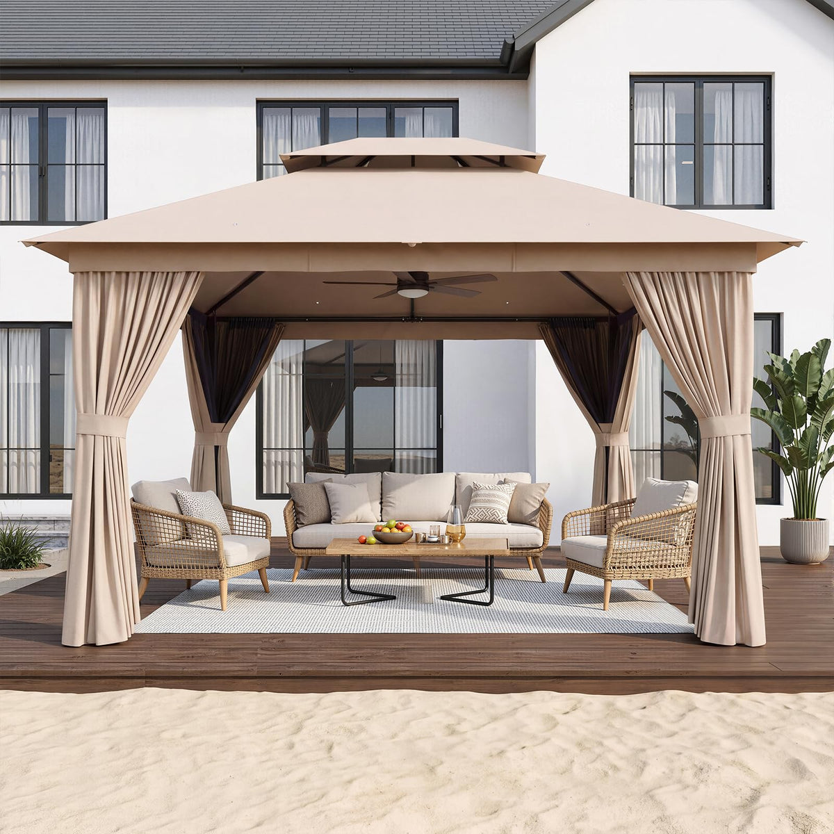12'x10' Outdoor Gazebo with Curtain & Mosquito Netting, Beige O53584