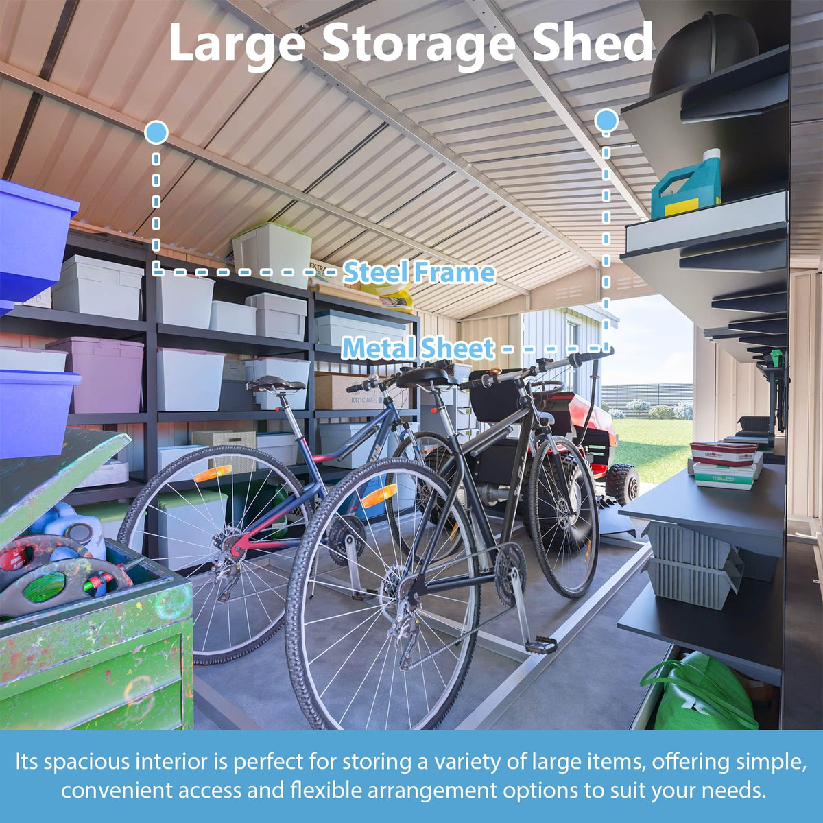 10x14 FT Waterproof Metal Storage Shed with 3 Lockable Doors T5259