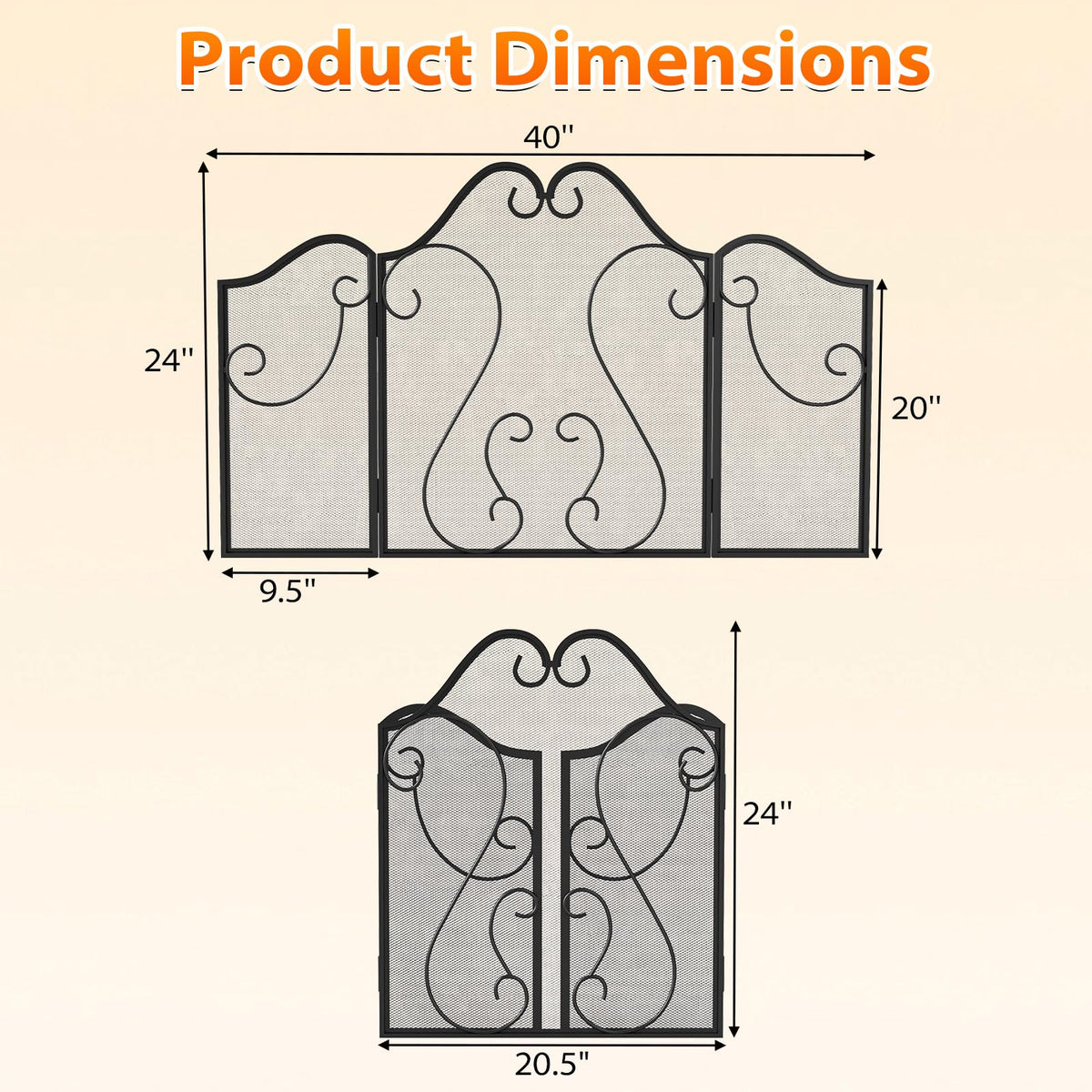 3-Panel Folding Fireplace Screen with Metal Mesh J743663