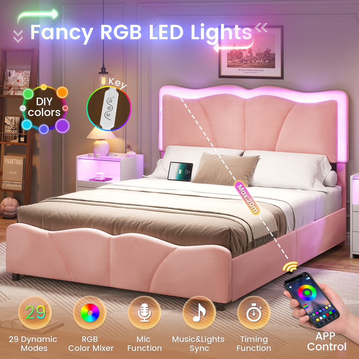 Pink Velvet Upholstered Platform Bed Frame with 4 Storage Drawers I798