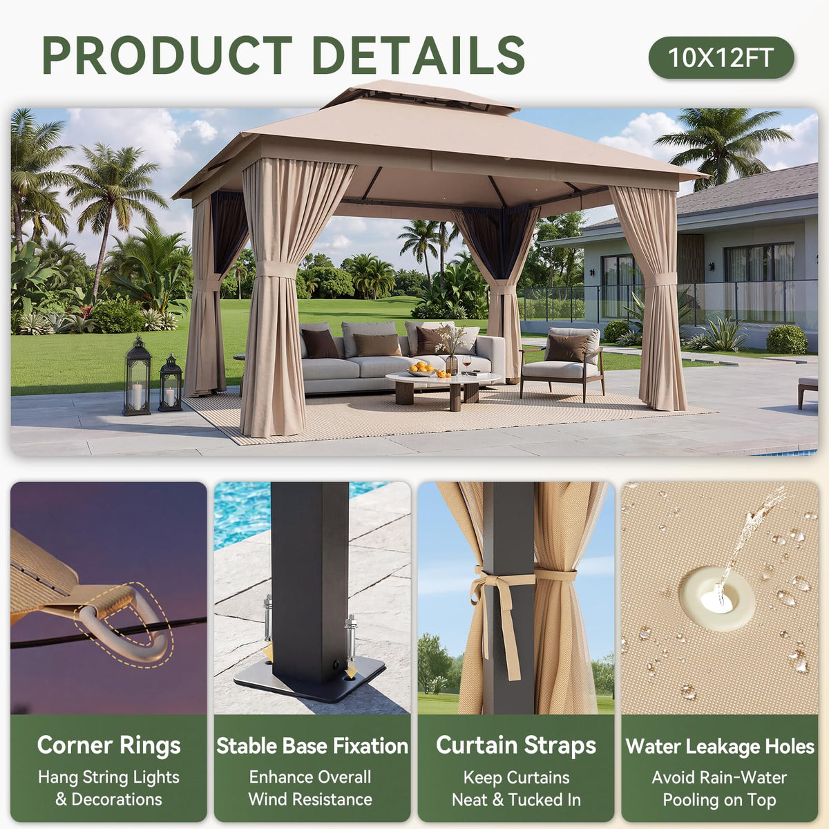 12'x10' Outdoor Gazebo with Curtain & Mosquito Netting, Beige O53584