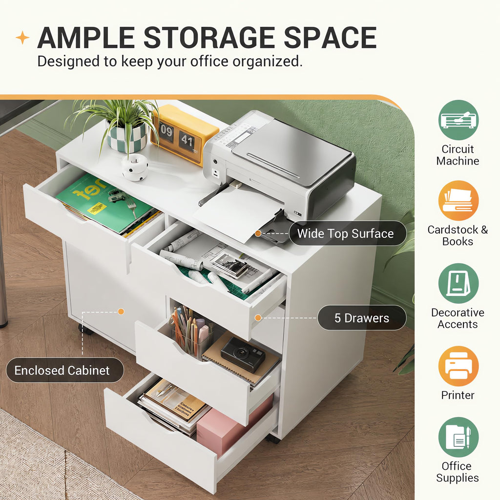 White 5 Drawer Wood Office Cabinet C9211