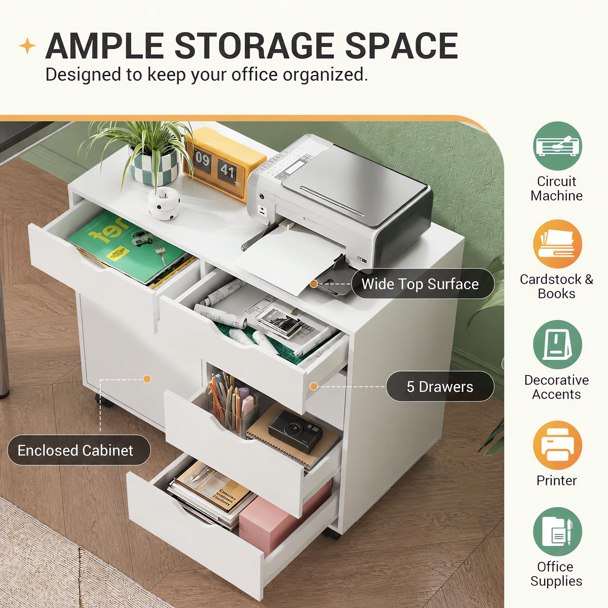 White 5 Drawer Wood Office Cabinet C9211