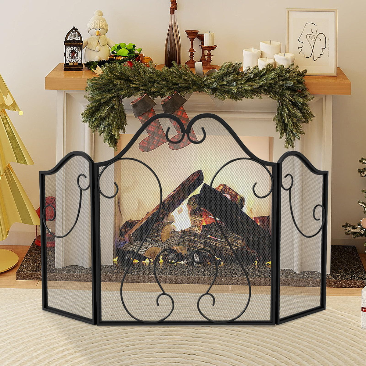 3-Panel Folding Fireplace Screen with Metal Mesh J743663