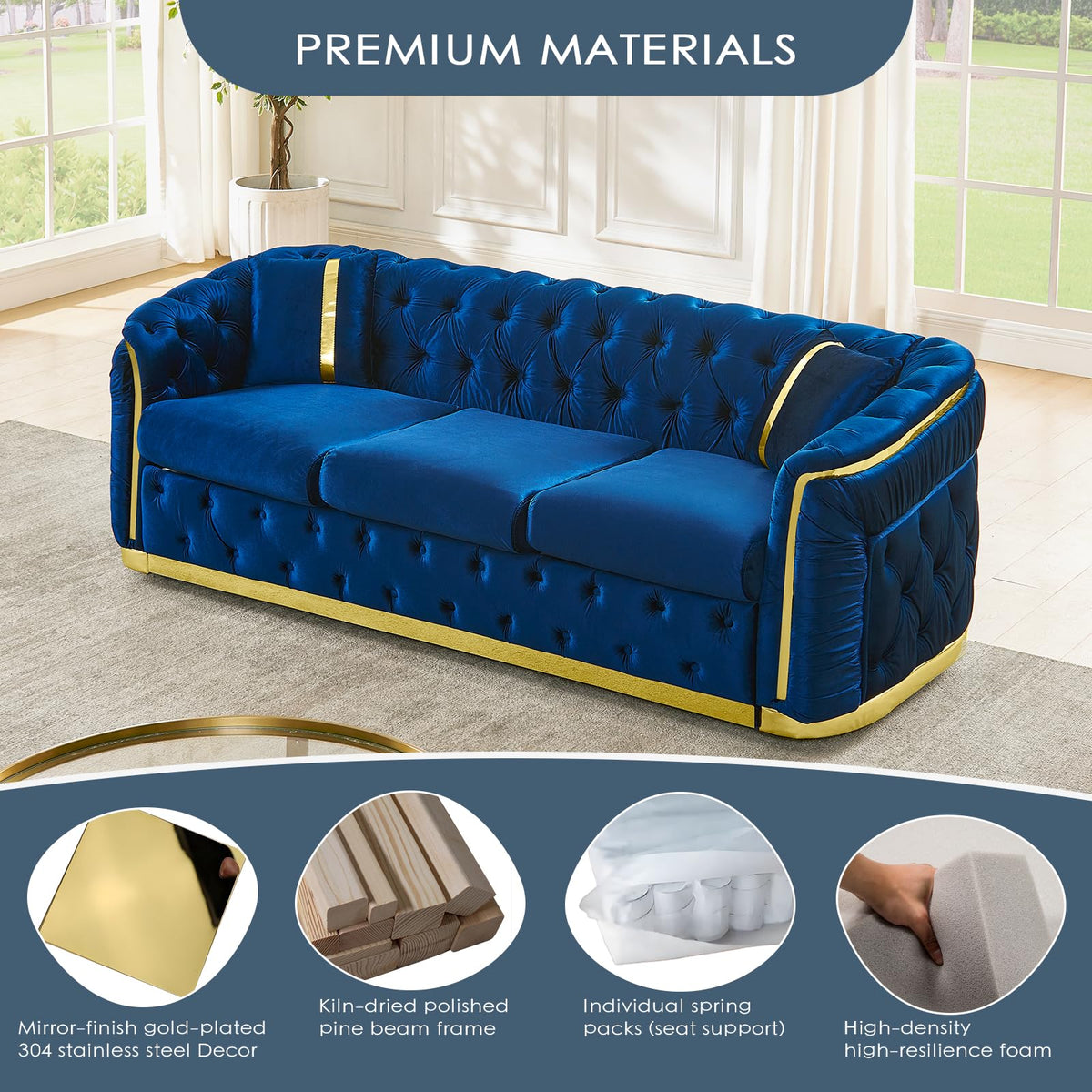 Navy Blue and Gold Velvet Sofa and Loveseat Set with 4 Pillows N27722