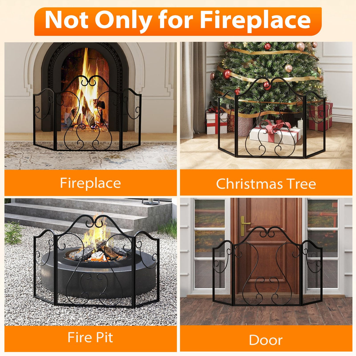 3-Panel Folding Fireplace Screen with Metal Mesh J743663